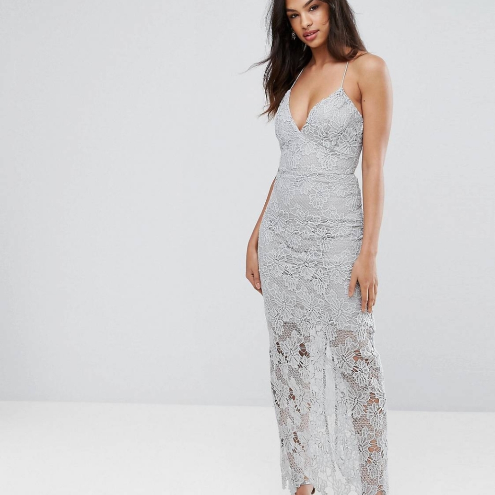 NWT Grey Lace Maxi Dress Vestido Largo Gris